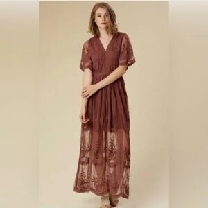 Elegant Brown Lace Maxi Dress